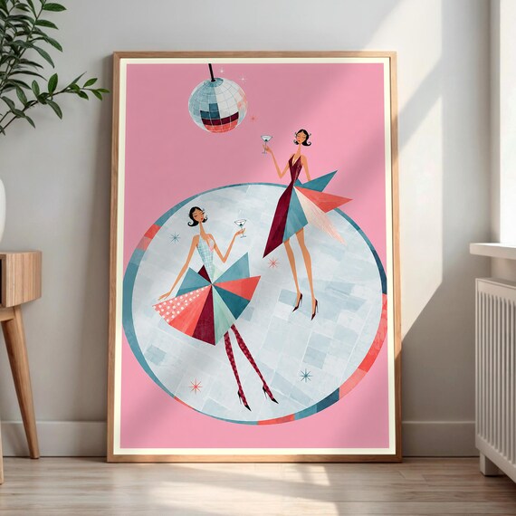 Mid Century Disco Party Women Dancing Ball Retro Cocktail Fun Poster