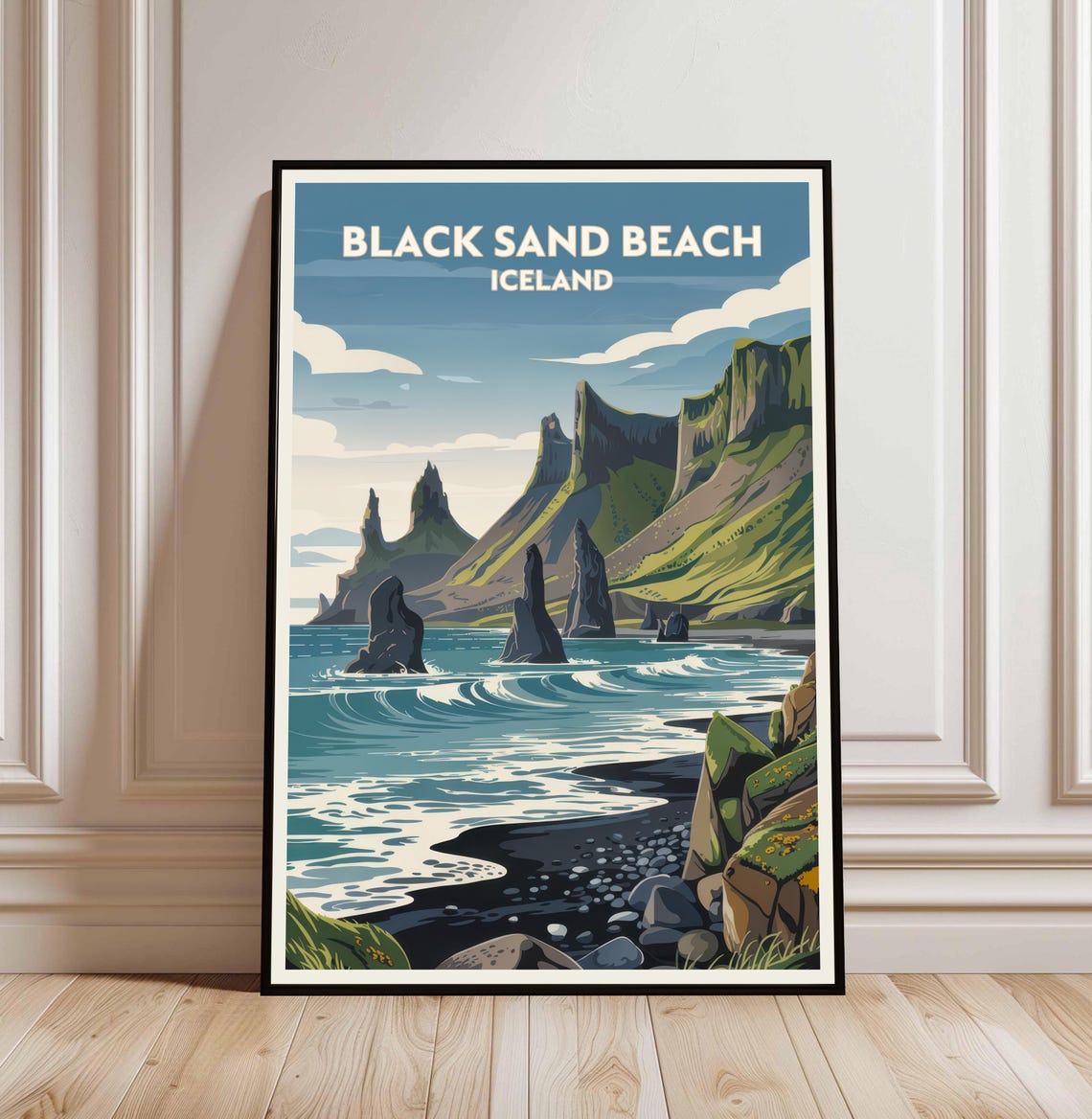 Black Sand Beach Iceland Dramatic Sea Stacks Waves Travel Poster