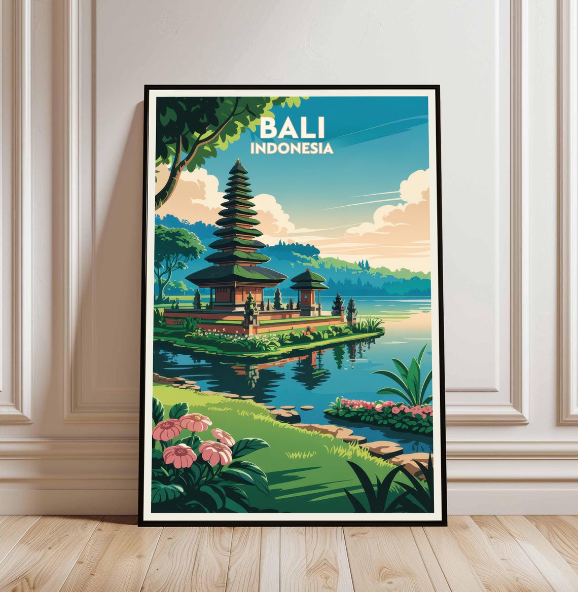 Bali Indonesia Lakeside Temple Retro Travel Poster Wall Decor