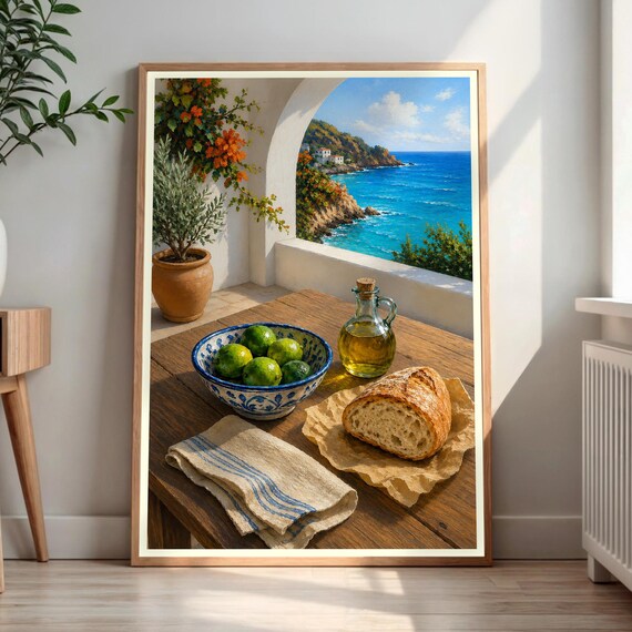 Mediterranean Terrace Still Life Lemon Bowl Olive Oil Bread Poster