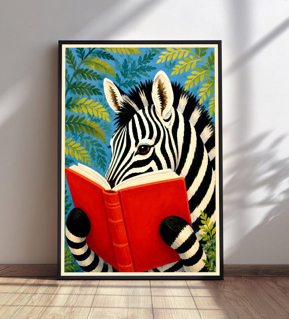 Zebra Reading Book Art Print Whimsical Animal Wall Kids Room Decor Playful Safari Nursery
