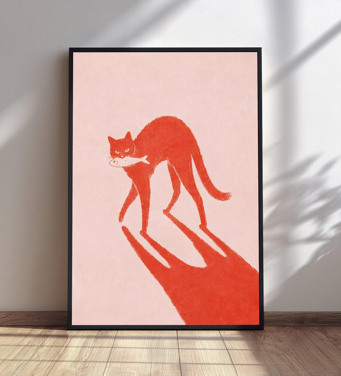 Red Cat With Fish Print Stylized Feline Art Whimsical Animal Wall Decor Unique Kitchen