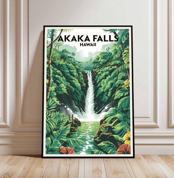 Akaka Falls Hawaii Rainforest Waterfall Hibiscus Vintage Travel Poster
