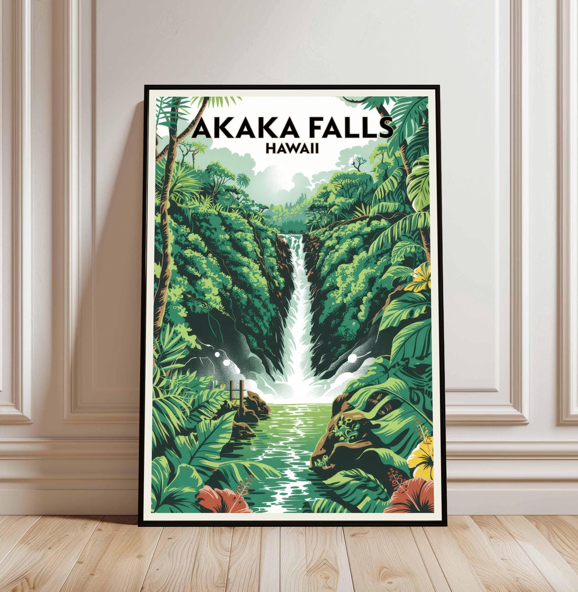 Akaka Falls Hawaii Rainforest Waterfall Hibiscus Vintage Travel Poster