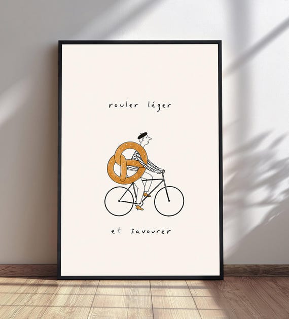 French Pretzel Bicycle Print Kitchen Wall Art Ride Light Savor Bakery Decor