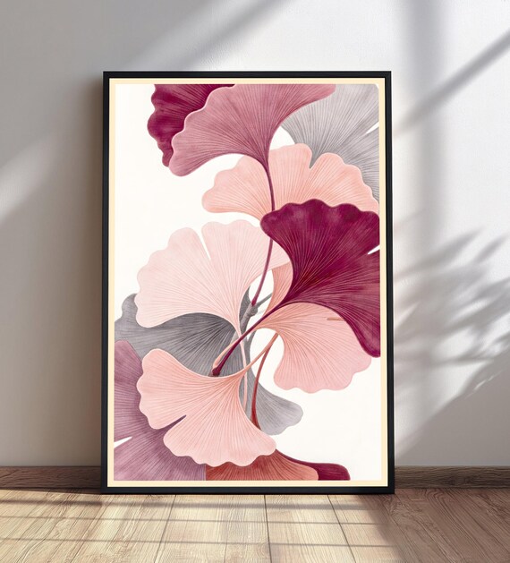 Abstract Ginkgo Leaf Wall Art Botanical Print Pink Maroon Grey Decor Nature