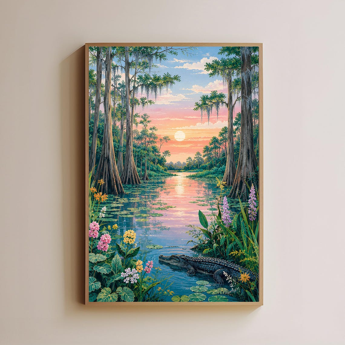 Swamp Sunset Alligator Cypress Trees Wetland Painting Poster