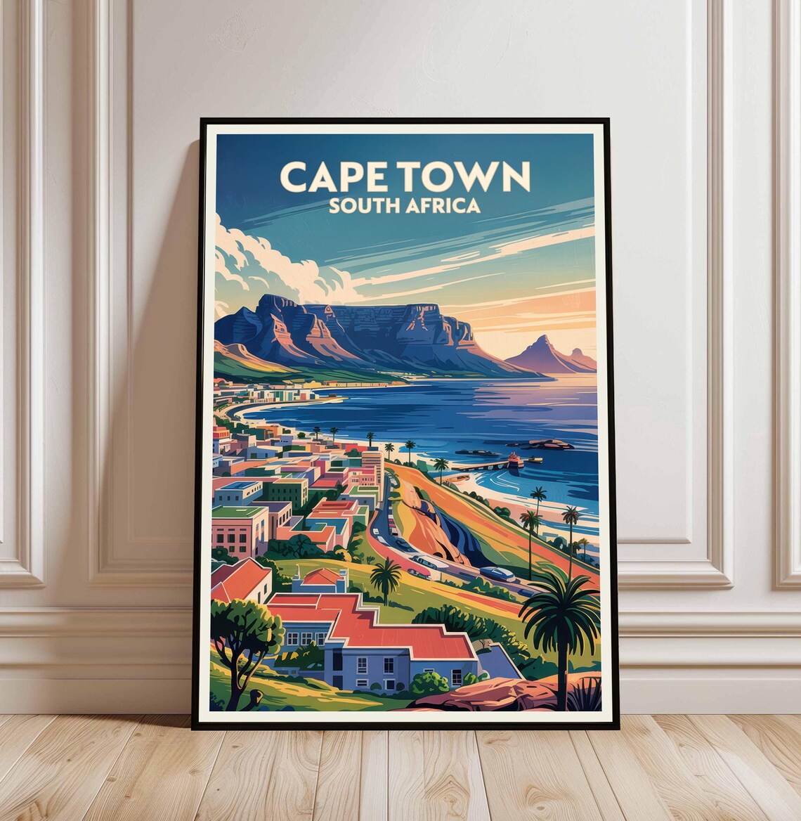 Cape Town South Africa Travel Poster With Table Mountain And Bay