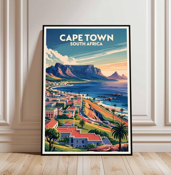 Cape Town South Africa Travel Poster With Table Mountain And Bay