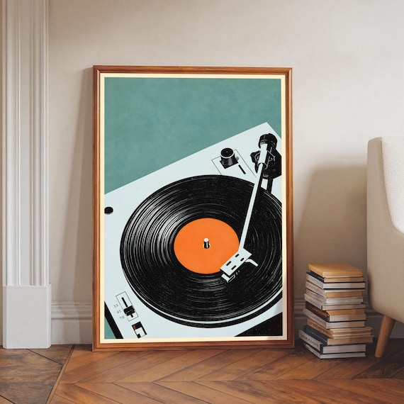 Retro Vinyl Record Player Turntable Orange Minimalist Music Poster