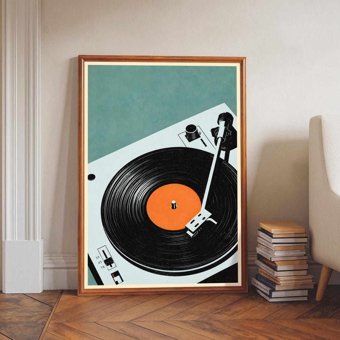 Retro Vinyl Record Player Turntable Orange Minimalist Music Poster