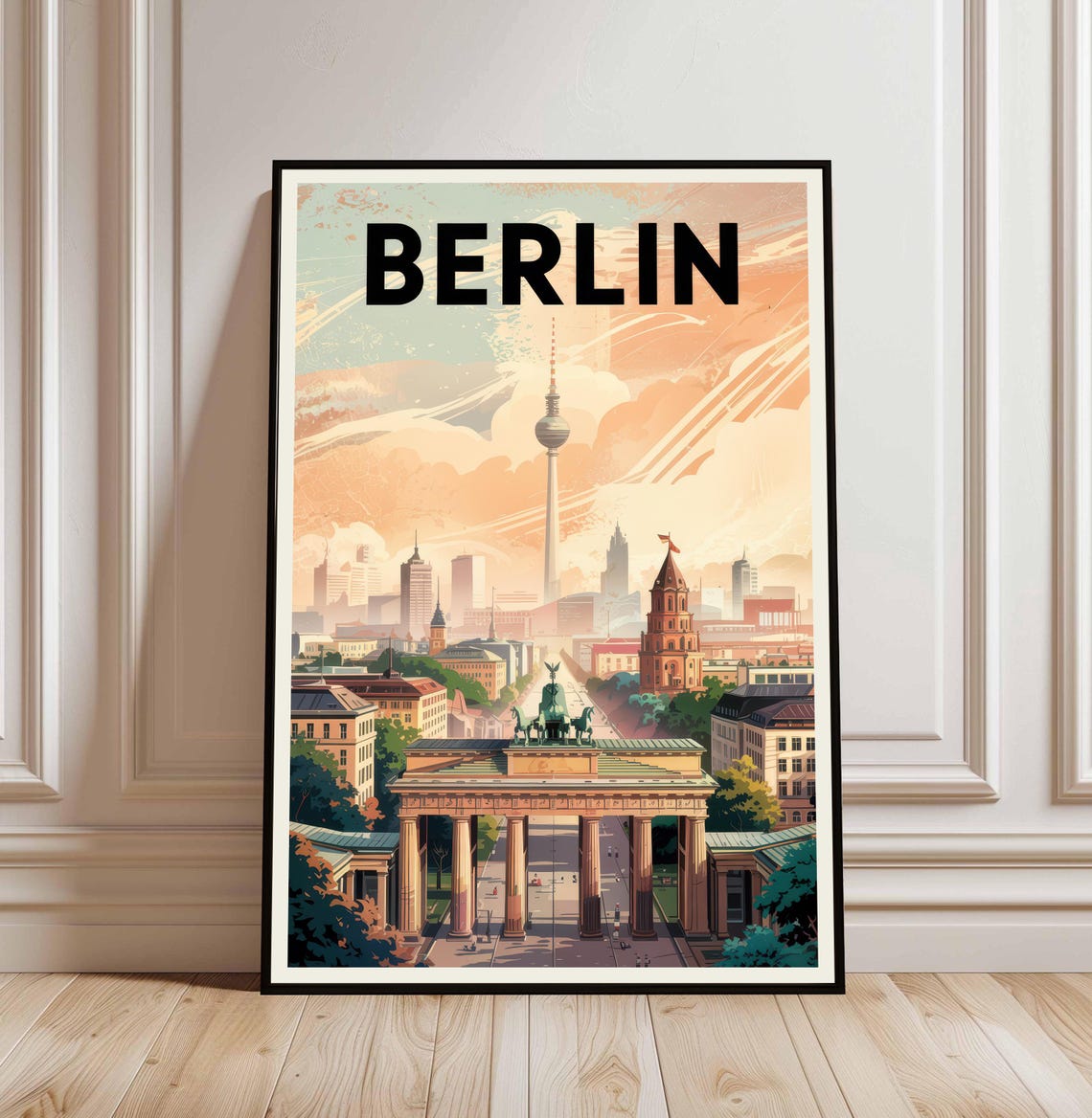 Berlin Brandenburg Gate TV Tower Vintage Retro Travel Poster