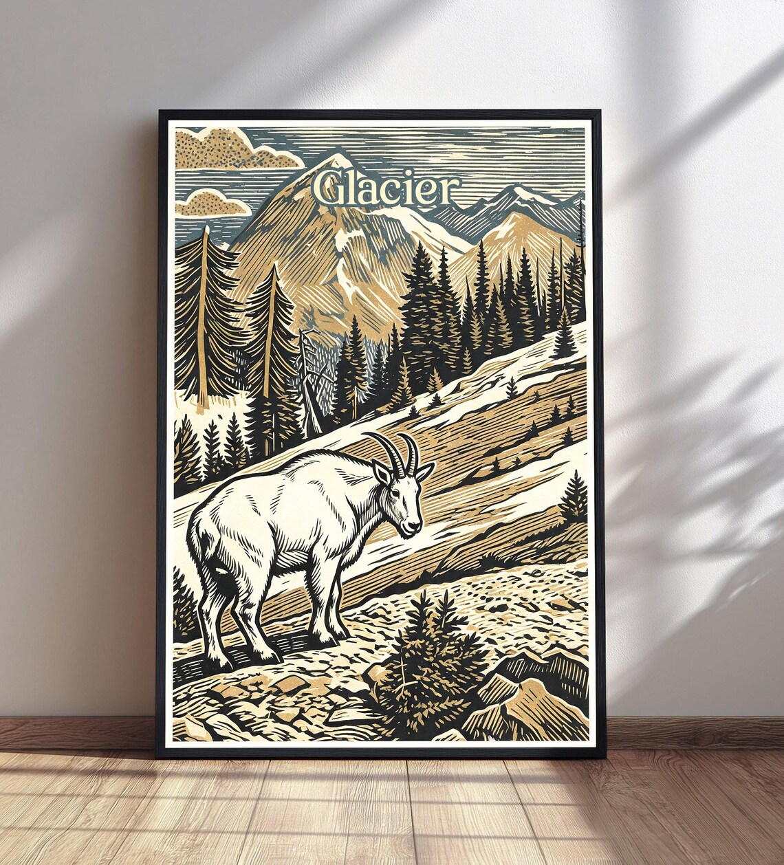 Glacier National Park Mountain Goat Vintage Woodcut Style Poster