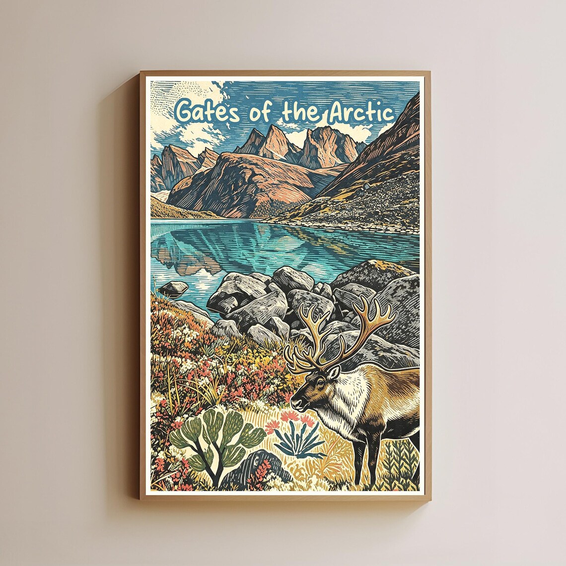 Gates of the Arctic Caribou Mountain Lake Woodcut Travel Poster
