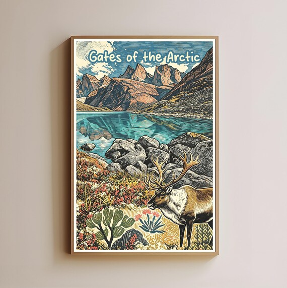 Gates of the Arctic Caribou Mountain Lake Woodcut Travel Poster