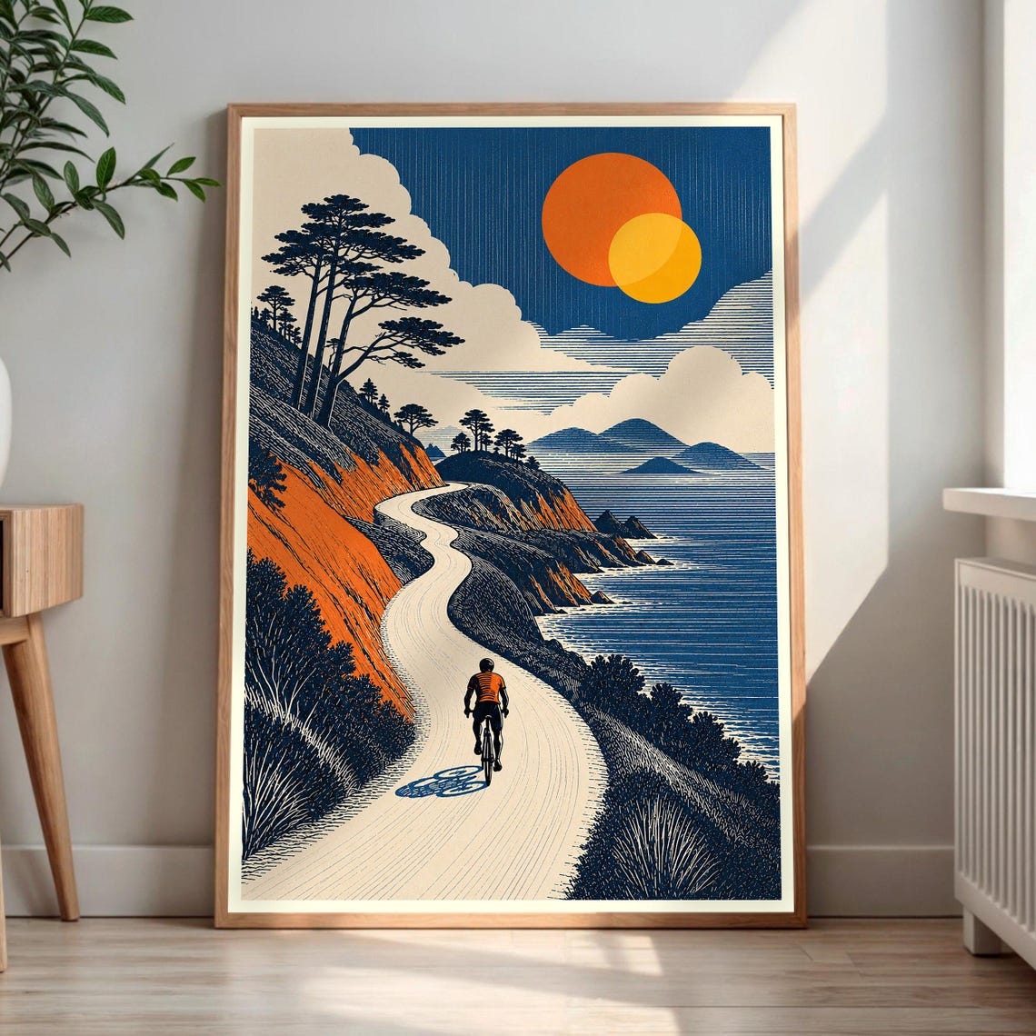 Lone Cyclist Coastal Road Vintage Travel Bike Ocean Cliffs Poster