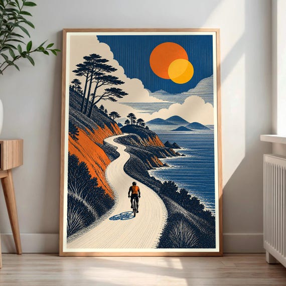 Lone Cyclist Art Print Coastal Road Bike Wall Fantasy Landscape Decor Woodcut Style