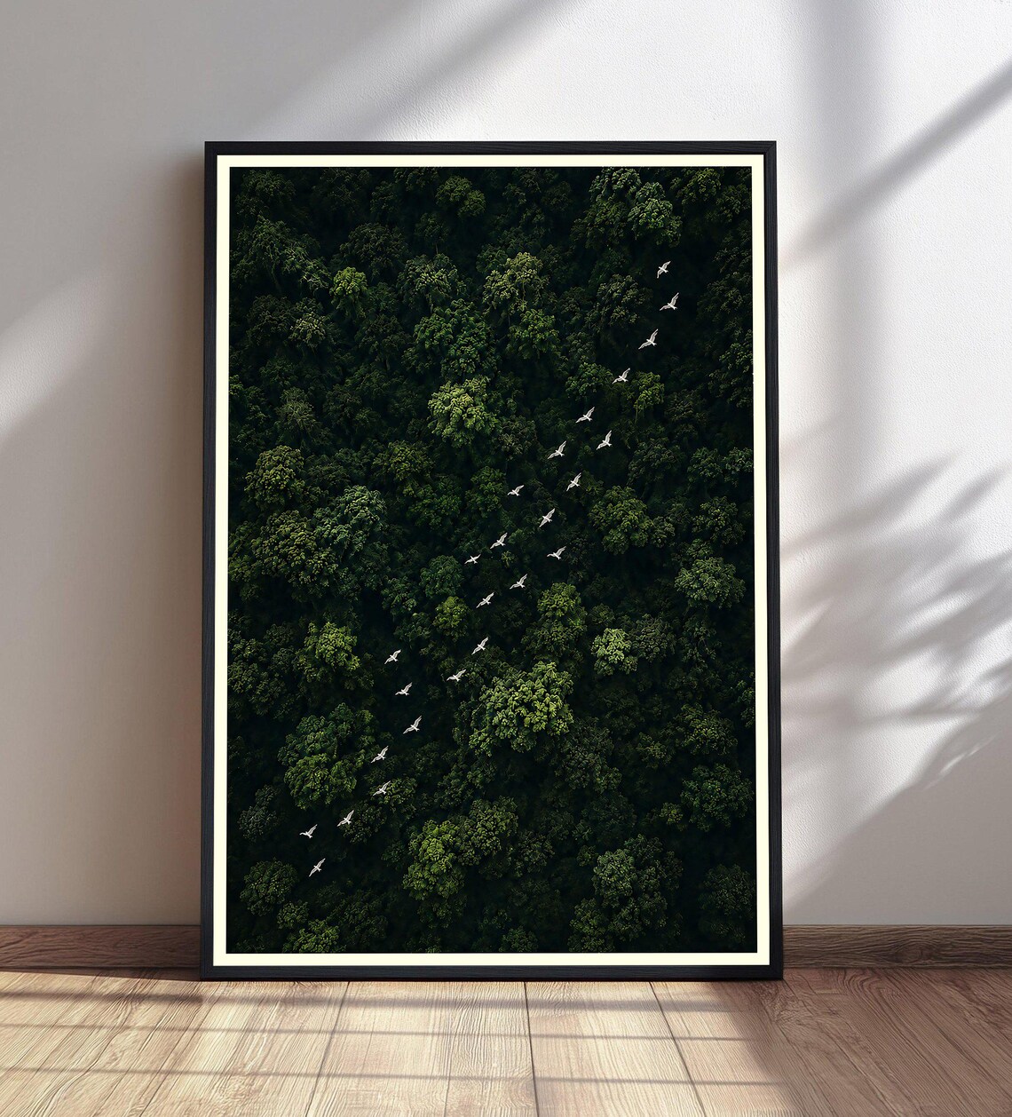 Aerial Forest Canopy With Flock Of White Birds Nature Photo Poster