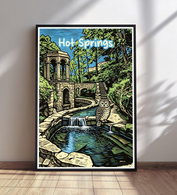 Hot Springs Arkansas Print Owl Waterfall Art Woodcut Style Wall Decor National Park Gift
