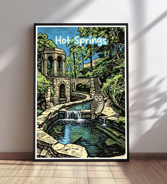 Hot Springs Arkansas Woodcut Travel Poster With Owl By Waterfall Springs