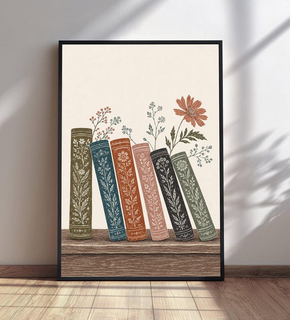 Botanical Books Wall Art Floral Illustration Print Cottagecore Decor Vintage Library