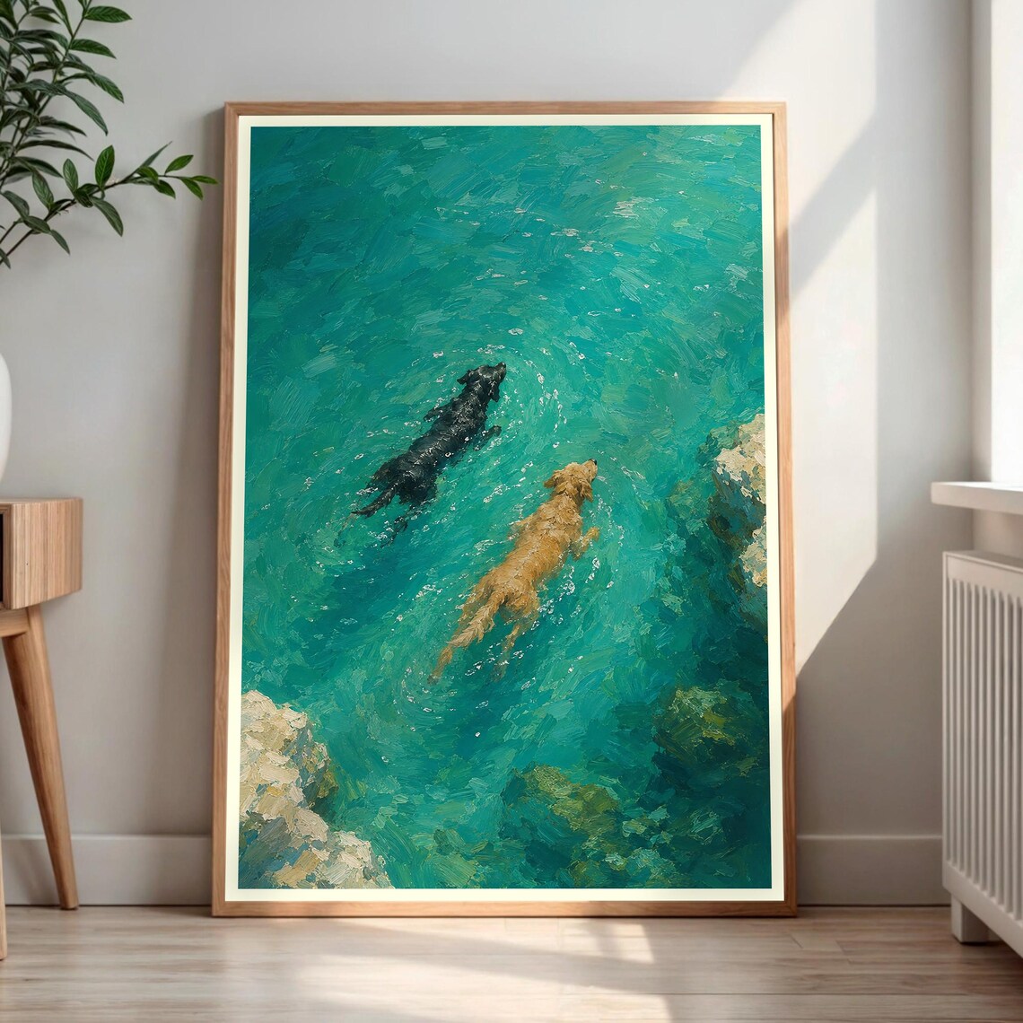 Two Dogs Swimming Turquoise Water Impressionist Painting Poster
