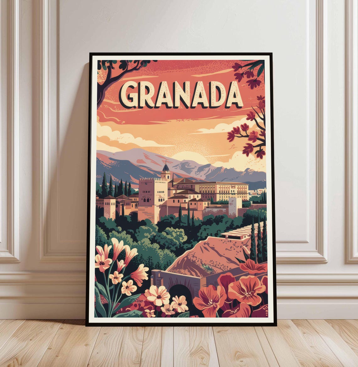 Granada Spain Alhambra Palace Sunset Floral Vintage Travel Poster