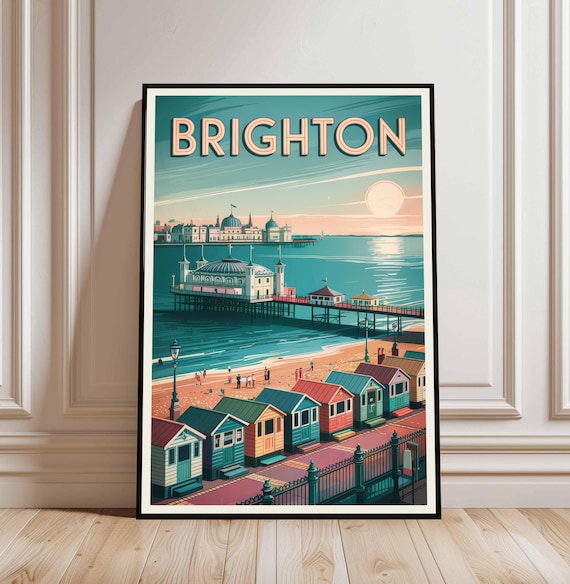 Brighton England Vintage Seaside Pier Beach Huts Travel Poster