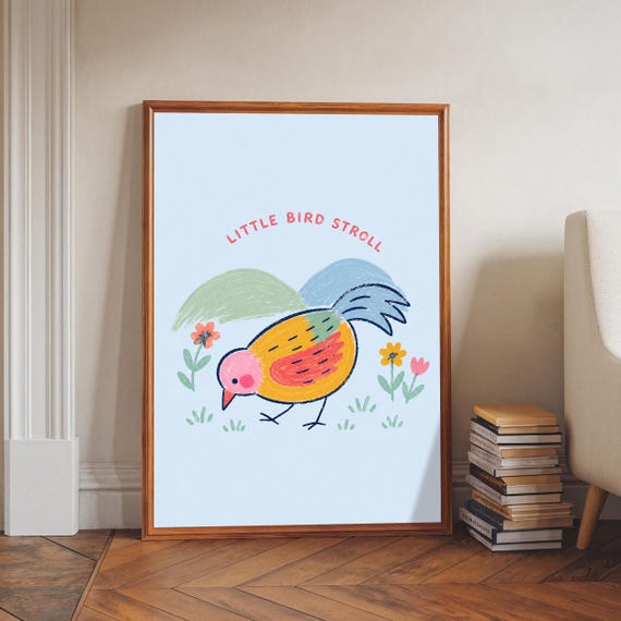 Little Bird Stroll Art Print Colorful Wall Decor Whimsical Animal Illustration Folk