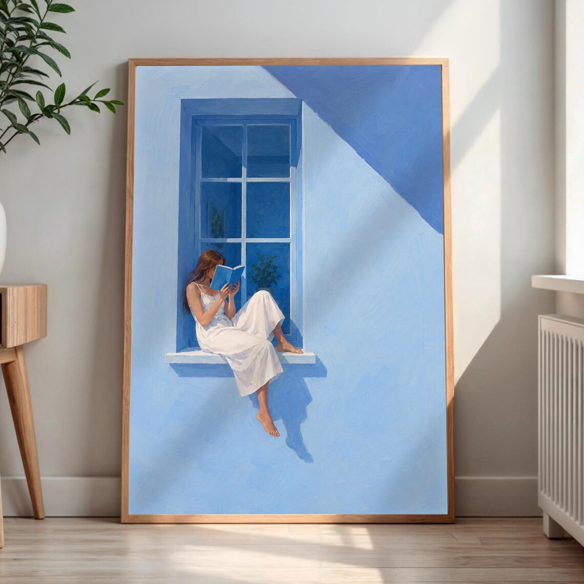 Woman Reading Book in Blue Window Serene Oil Painting Poster