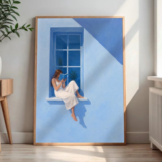 Woman Reading Book Print Oil Painting Style Wall Art Window Scene Decor Readers Gift