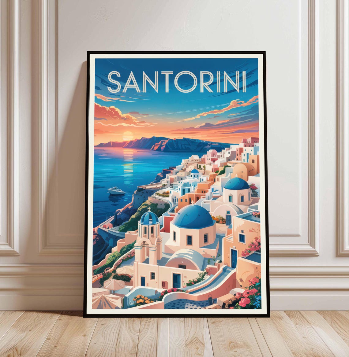 Santorini Greece Sunset Travel Poster Blue Domes Oia Style Artwork