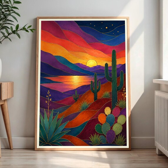 Southwestern Desert Sunset Stained Glass Style Cactus Poster