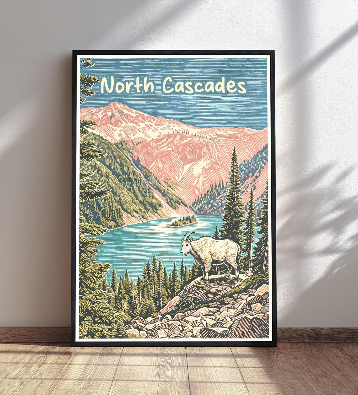 North Cascades Mountain Goat Over Alpine Lake Linocut Travel Poster