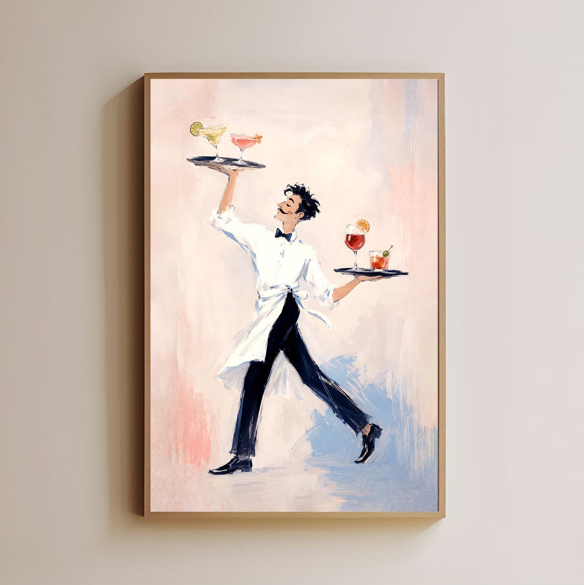 Dapper Waiter Art Print Vintage Cocktail Painting Bar Cart Wall Decor Retro Kitchen