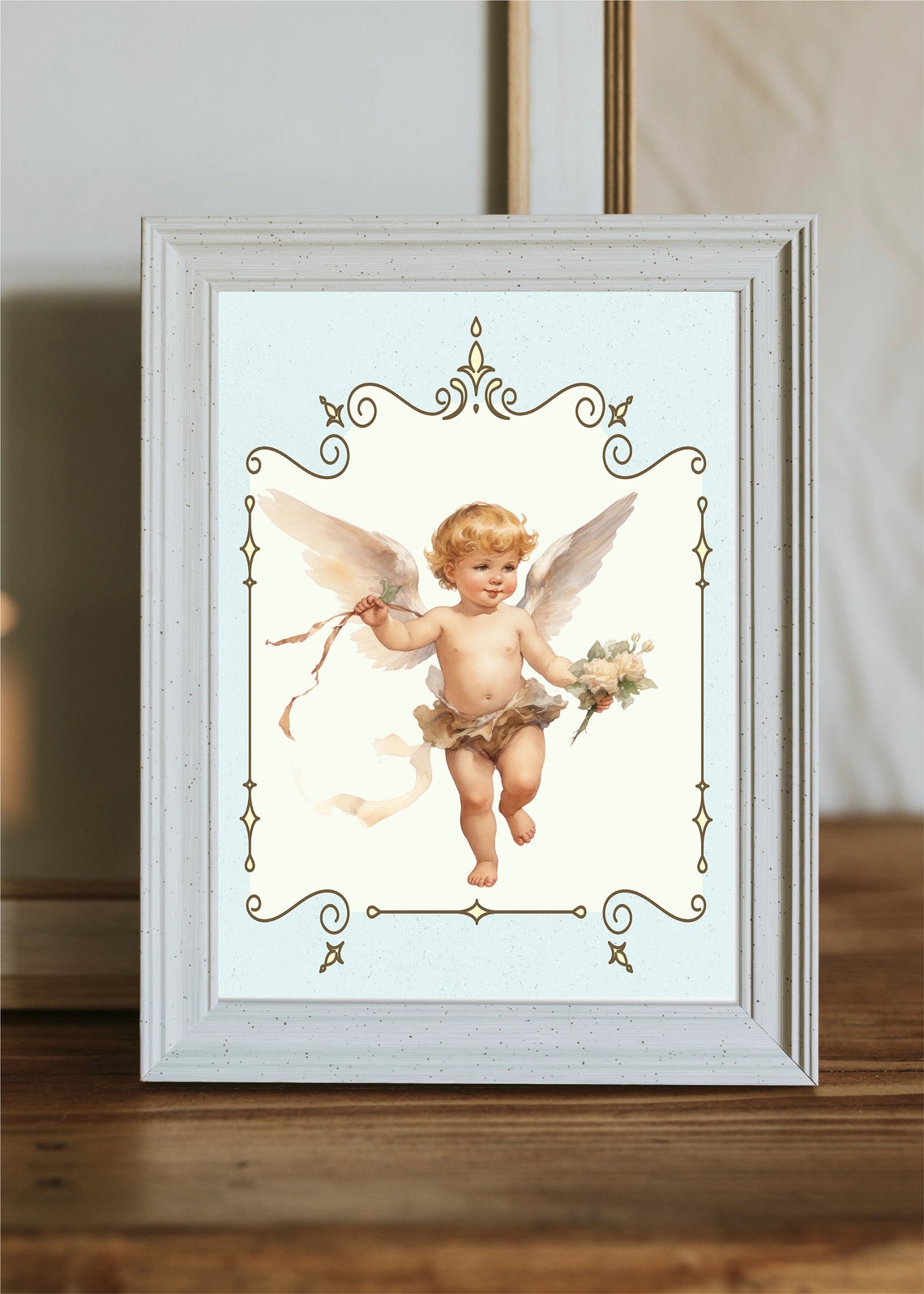 Antique Cupid Angel with Flowers Vintage Coquette Cherub Print