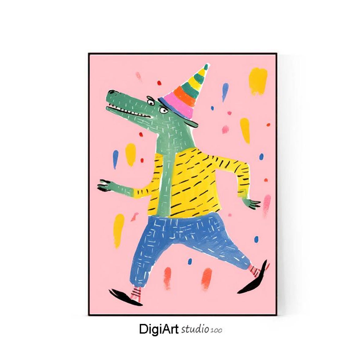 Funny Crocodile Party Hat Dancing Colorful Kids Nursery Poster