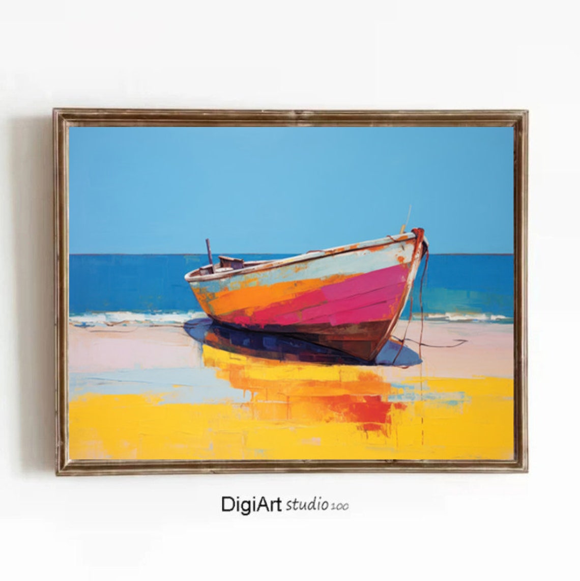 Colorful Rowboat Beach Painting Sunny Coastal Boat Art Poster