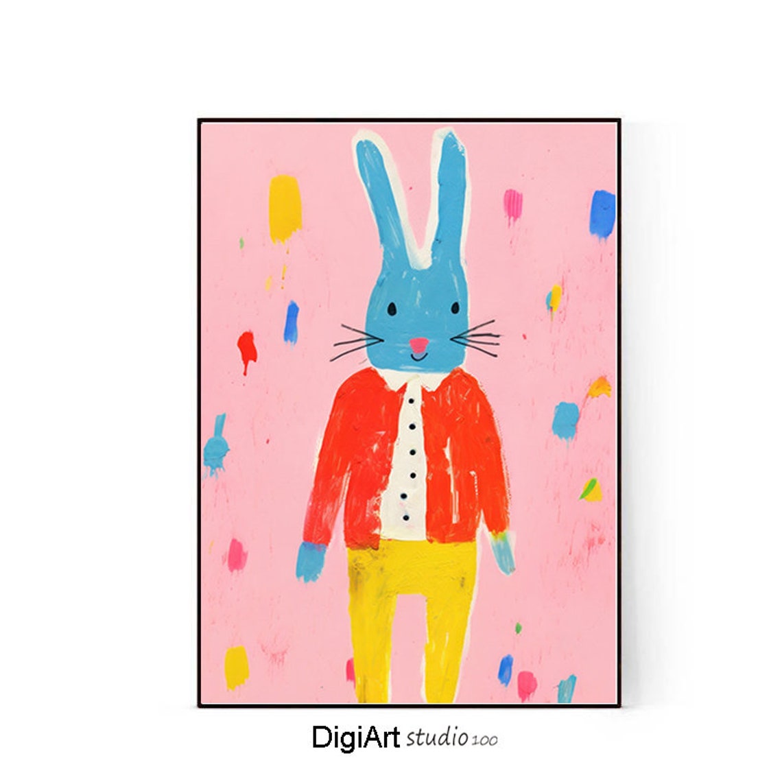 Funky Blue Rabbit Red Cardigan Childlike Bunny Pink Splatter Poster