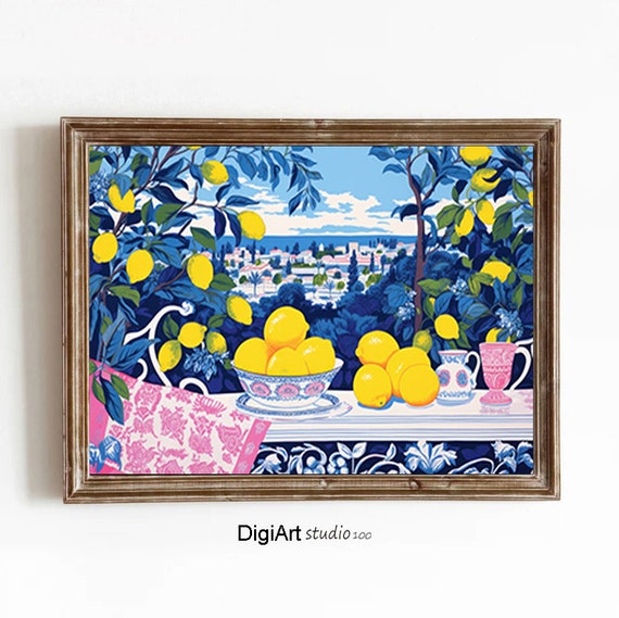 Modern Kitchen Lemon Painting Vibrant Colour Kitchen Deco Oriental Blue Print