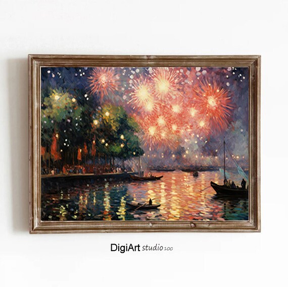 Night Fireworks Over Water Boats Festival Art Celebration Poster