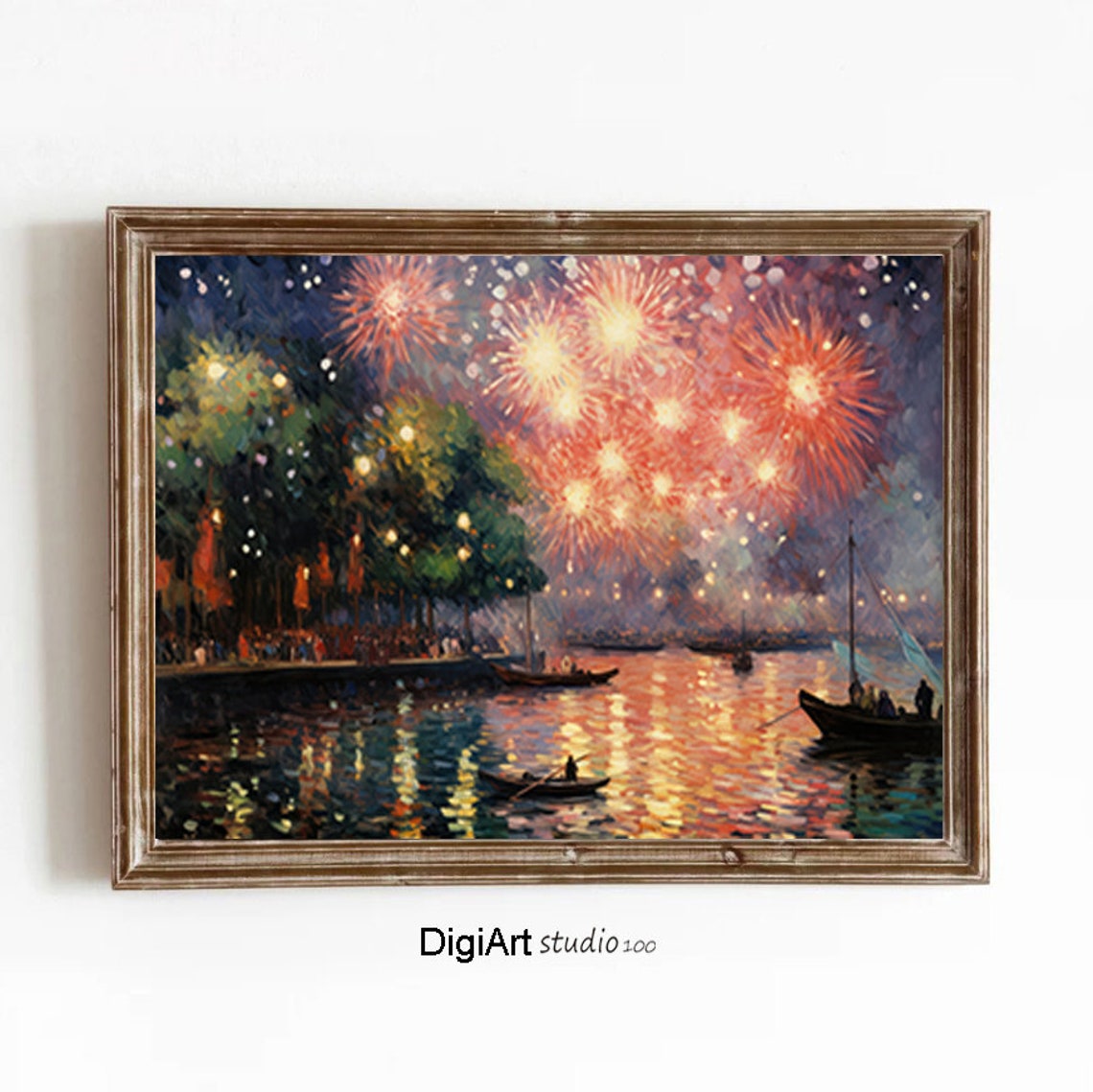 Night Fireworks Over Water Boats Festival Art Celebration Poster