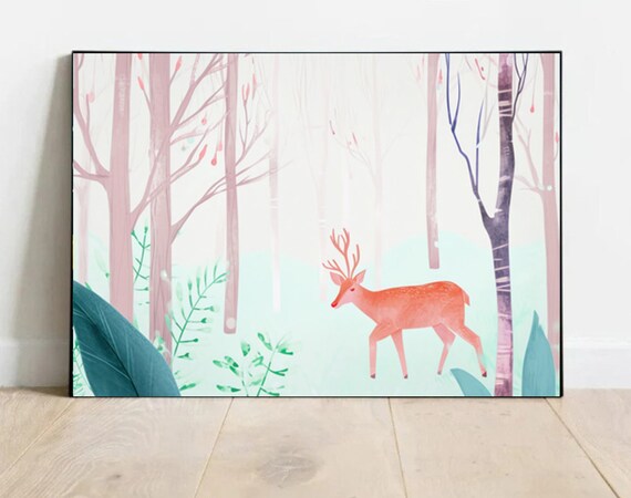 Cute Orange Deer Soft Pastel Forest Nursery Illustration Poster