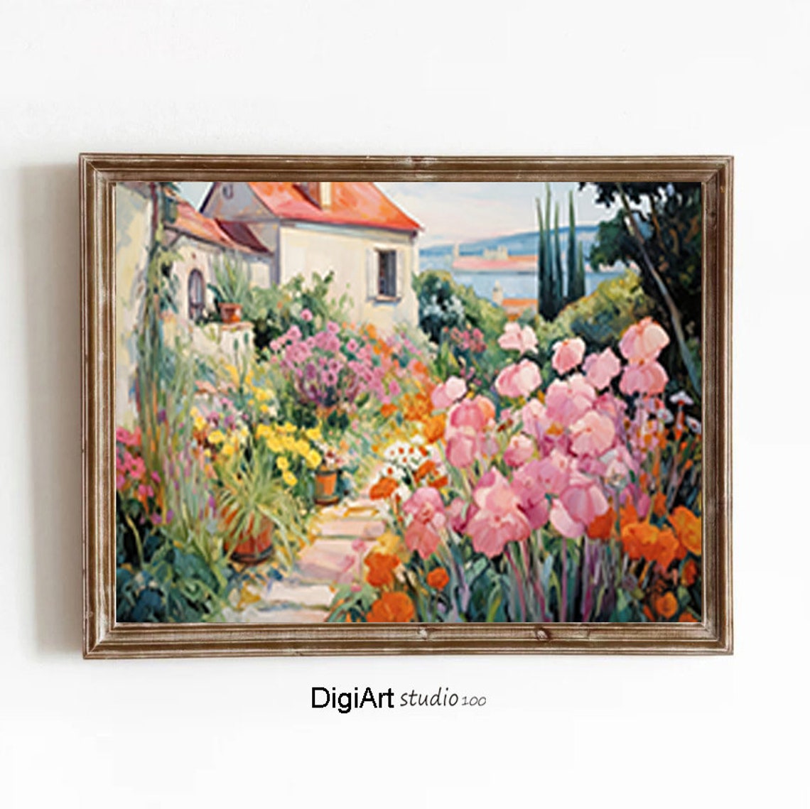 Charming Cottage Garden Pink Flowers Village House Art Poster