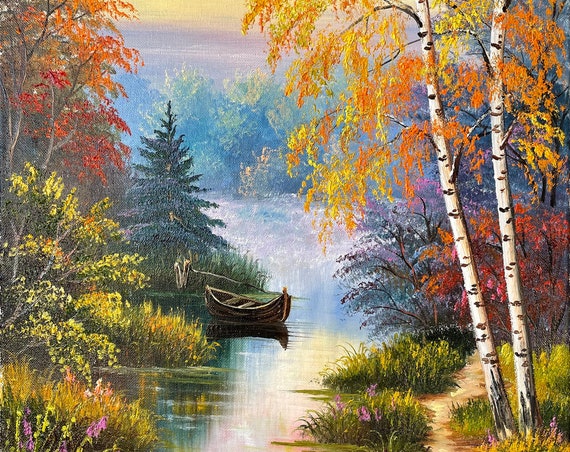 Birch Trees Landscape Oil Painting, Fall Countryside