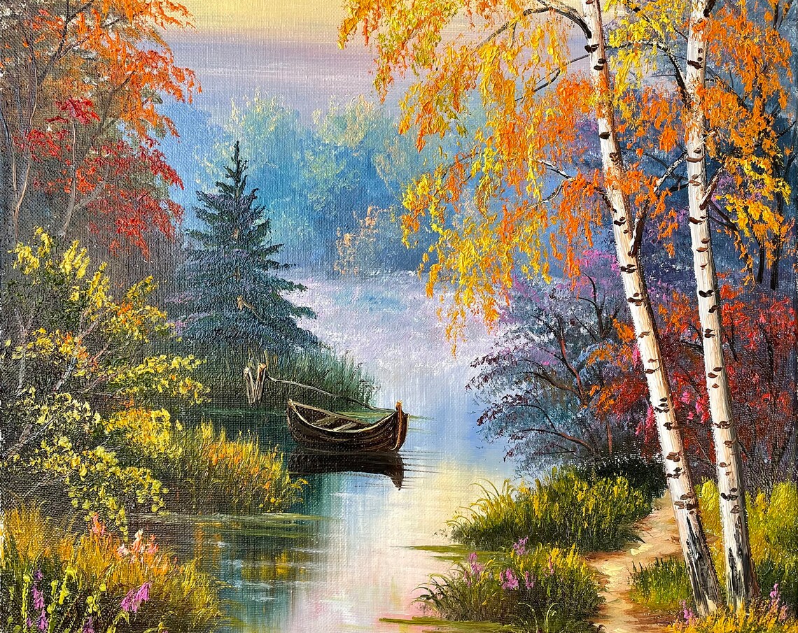 Birch Trees Landscape Oil Painting, Fall Countryside