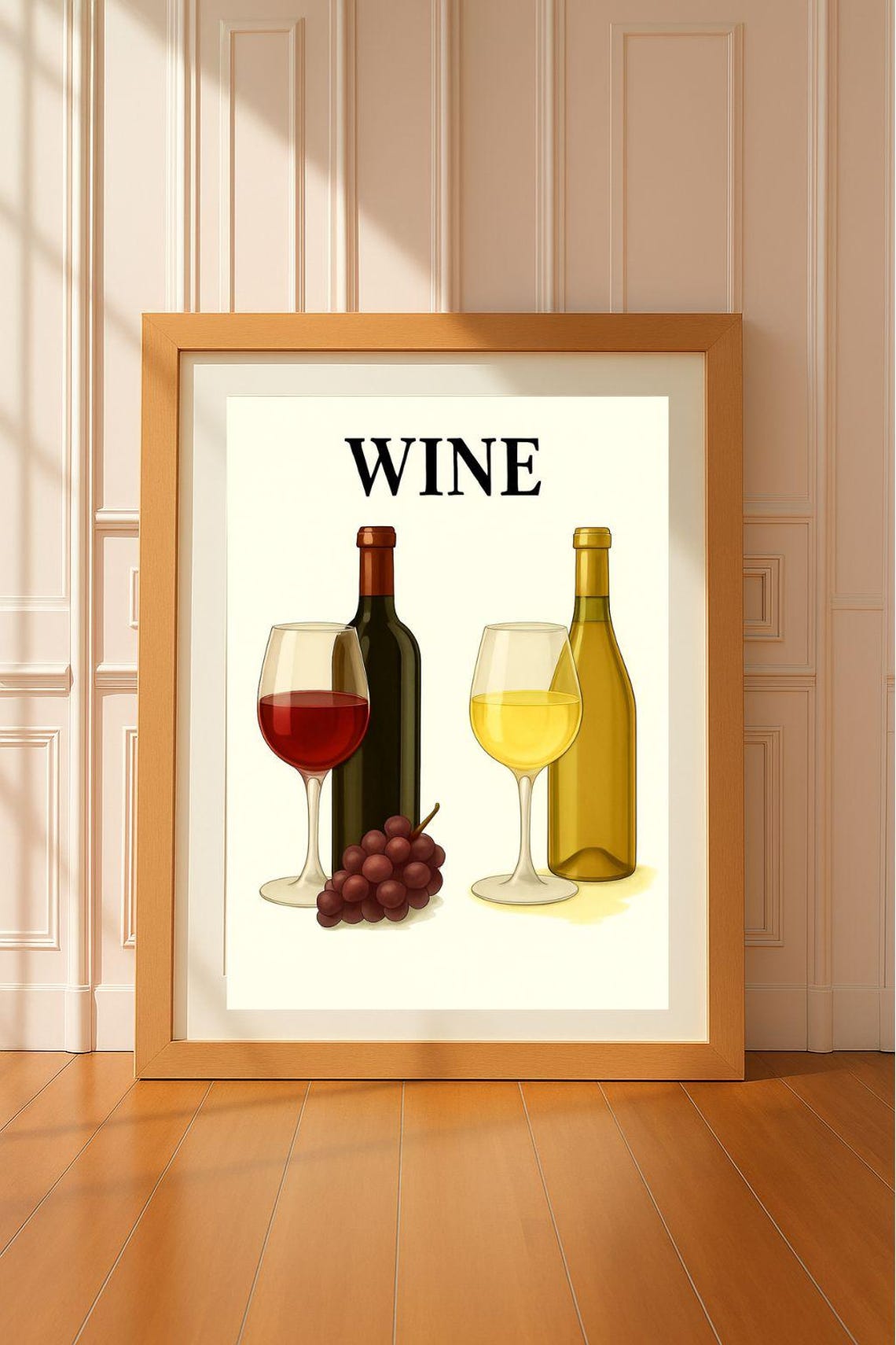 Wine Red and White Bottles Glasses Illustration Kitchen Poster