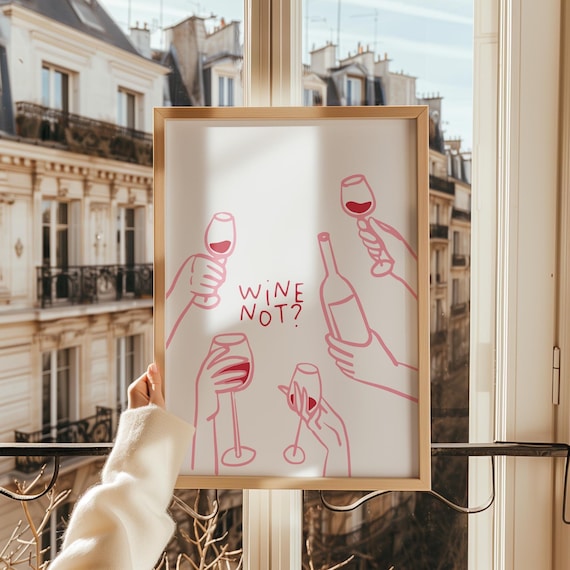 Funny Girly Wine Not Pink Line Art Hands Cheers Bar Cart Wall Art