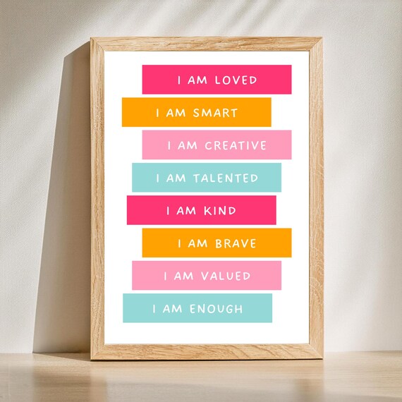 Daily Colorful I Am Affirmations Poster for Kids Bedroom Decor