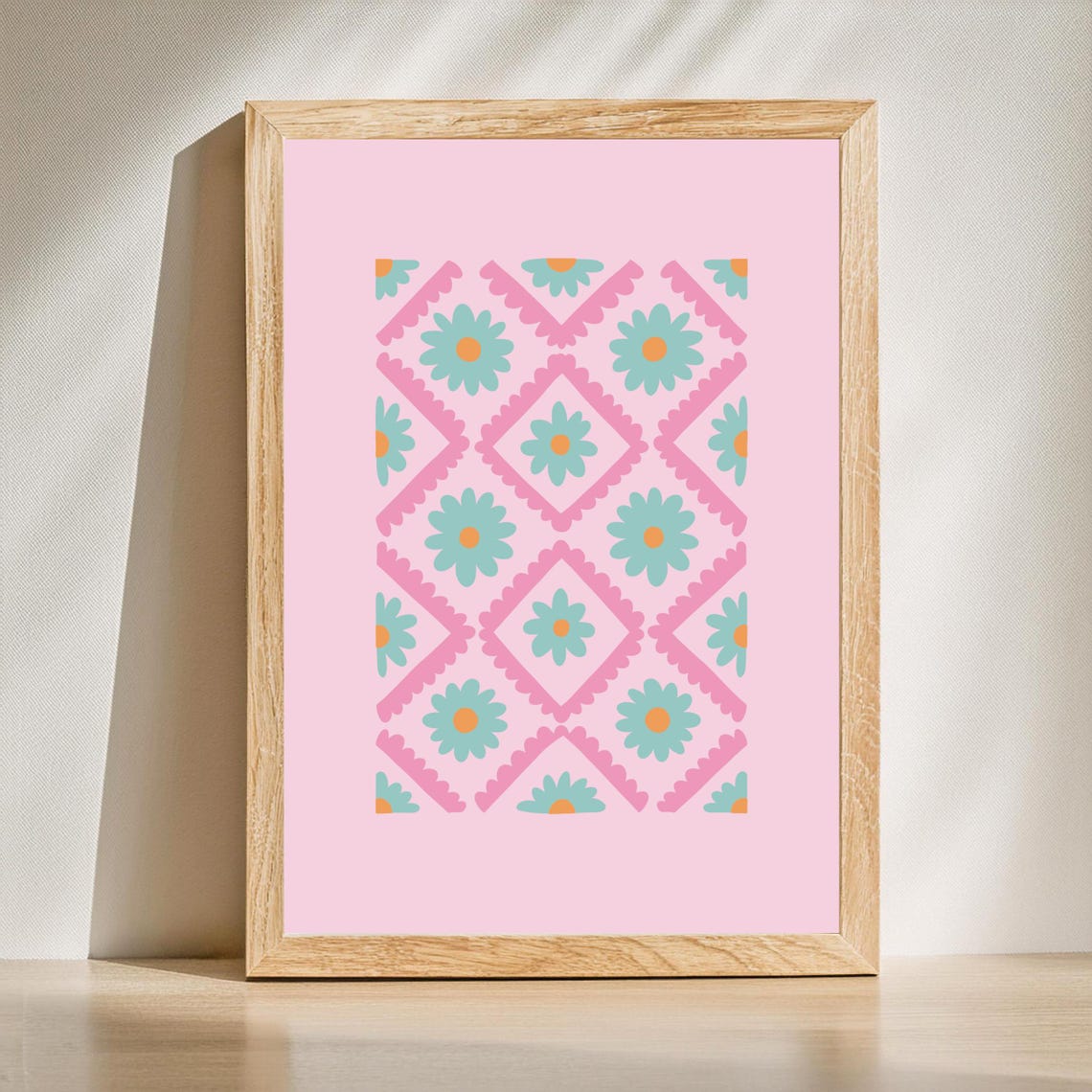 Pink Floral Diamond Pattern Preppy Botanical Nursery Decor Poster